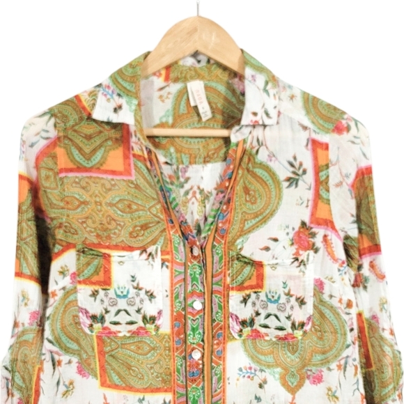 Raga Britta Paisley Button Down Roll Tab Button Down Longsleeve Shirt Size Small - Picture 3 of 7